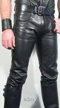 Men Genuine Black Leather trousers / Pants Biker, Military police western cowboy