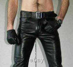 Men Genuine Lambskin Real Leather Pant Stylish Slim Black Trousers