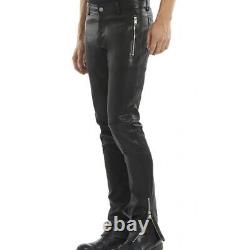 Men Genuine Leather Stylish Steampunk Biker Pants With Zipper Front Cocktail