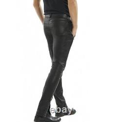 Men Genuine Leather Stylish Steampunk Biker Pants With Zipper Front Cocktail