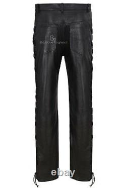 Men Leather Laced Trouser Black Motorcycle Biker 100% HIDE LEATHER Pants 00126