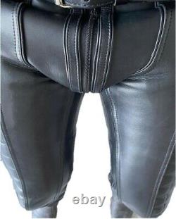 Men Leather Pant Black Quilted Pant Zipper soft Bikers trouser