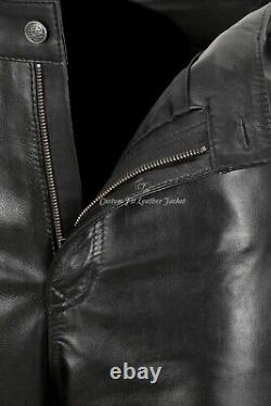 Men Leather Pants Waist Side Laced Black Gothic Real Leather Biker Jean Pant 515