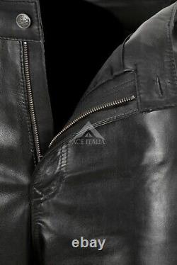 Men Leather Pants Waist Side Laced Black Gothic Real Leather Biker Jean Pant 515