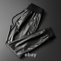 Men PU Leather Pants Elastic Waist Jogger Pants Motorcycle Trousers Harem Pants