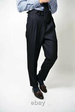 Men Pleated Black Cotton Trouser Formal Wear Custom Made Regular Fit Pant