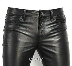 Men Real Lambskin Leather Pants Handmade Casual Tight Trousers Biker Pants