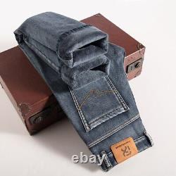 Men Warm Jeans Classic Business Casual Regular Stretch Denim Pants Trousers