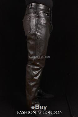 Men's'501 JEANS STYLE' Black Cowhide Real Classic Leather Biker Trouser Pants