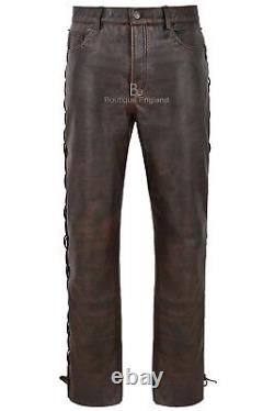 Men's Biker Leather Trouser Black Bronze Laced Motorcycle Style 100% Hide 00126