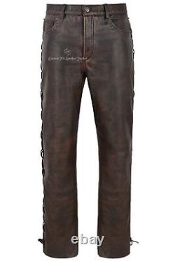 Men's Biker Leather Trouser Black Bronze Laced Motorcycle Style 100% Hide 00126