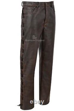 Men's Biker Leather Trouser Black Bronze Laced Motorcycle Style 100% Hide 00126