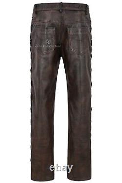 Men's Biker Leather Trouser Black Bronze Laced Motorcycle Style 100% Hide 00126