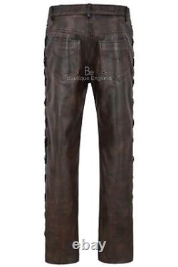 Men's Biker Leather Trouser Black Bronze Laced Motorcycle Style 100% Hide 00126