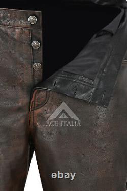 Men's Biker Leather Trouser Black Bronze Laced Motorcycle Style 100% Hide 00126