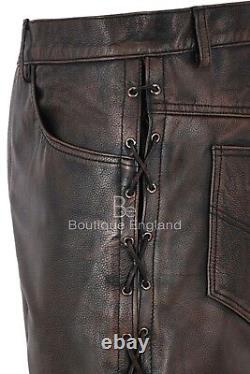 Men's Biker Leather Trouser Black Bronze Laced Motorcycle Style 100% Hide 00126