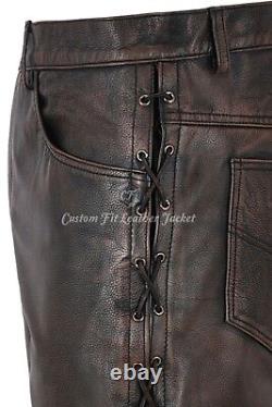 Men's Biker Leather Trouser Black Bronze Laced Motorcycle Style 100% Hide 00126