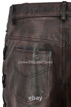 Men's Biker Leather Trouser Black Bronze Laced Motorcycle Style 100% Hide 00126