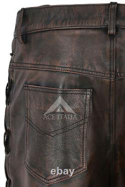 Men's Biker Leather Trouser Black Bronze Laced Motorcycle Style 100% Hide 00126