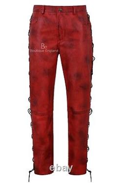 Men's Biker Leather Trouser Dirty Red Laced Motorcycle Style 100% Lambskin 00126