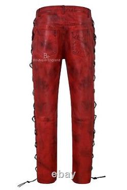 Men's Biker Leather Trouser Dirty Red Laced Motorcycle Style 100% Lambskin 00126