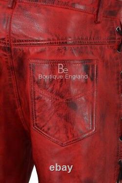 Men's Biker Leather Trouser Dirty Red Laced Motorcycle Style 100% Lambskin 00126