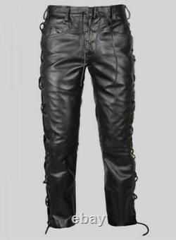 Men's Black Cowhide Leather Lacing Pant BLUF Biker Jeans Trousers Lederhosen