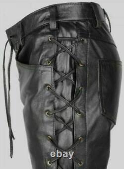 Men's Black Cowhide Leather Lacing Pant BLUF Biker Jeans Trousers Lederhosen