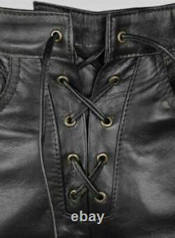 Men's Black Cowhide Leather Lacing Pant BLUF Biker Jeans Trousers Lederhosen