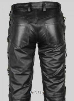 Men's Black Cowhide Leather Lacing Pant BLUF Biker Jeans Trousers Lederhosen