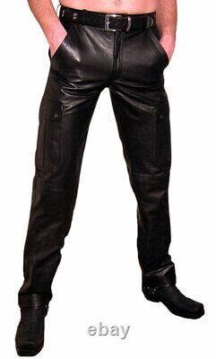 Men's Black Genuine Leather Cargo Pants Trouser