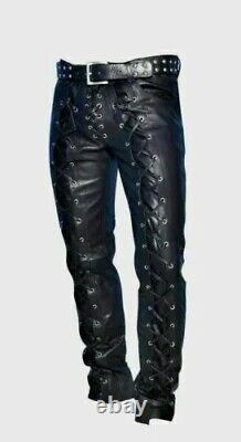 Men's Black Genuine Leather Pants Real Leather Lace Up Pants Trousers for Men