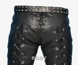 Men's Black Genuine Leather Pants Real Leather Lace Up Pants Trousers for Men