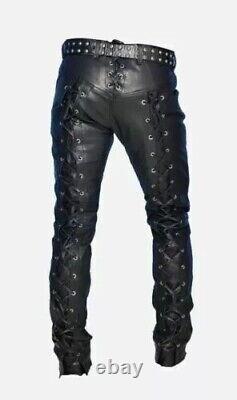 Men's Black Genuine Leather Pants Real Leather Lace Up Pants Trousers for Men