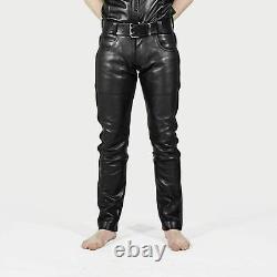 Men's Black Genuine Leather slim fit Biker trouser pants