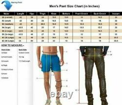 Men's Black Real Genuine BLUF Leather Pant White Stripes Biker Jeans Trousers