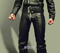 Men's Black Real Genuine Leather Pant Motorcycle BLUF Breeches Jeans Trousers