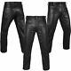 Men's Black Top Grain Leather Cowhide Motorcycle Motorbike Jeans Trousers