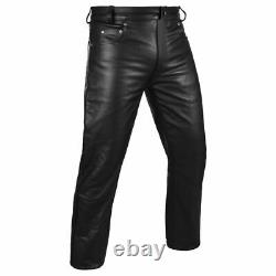 Men's Black Top Grain Leather Cowhide Motorcycle Motorbike Jeans Trousers