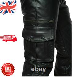 Men's Cargo Trousers Real Leather Black Pants Biker Fit Trousers Motorbike Pant