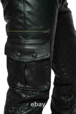 Men's Cargo Trousers Real Leather Black Pants Biker Fit Trousers Motorbike Pant