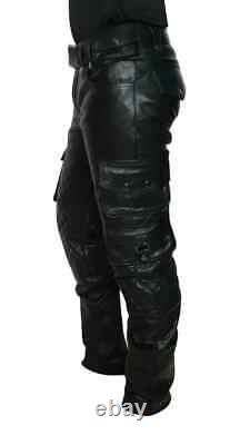 Men's Cargo Trousers Real Leather Black Pants Biker Fit Trousers Motorbike Pant