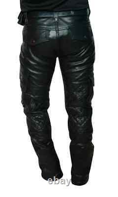 Men's Cargo Trousers Real Leather Black Pants Biker Fit Trousers Motorbike Pant