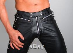 Men's Cowhide Leather Laces Up Carpenter Pants / Laces Up Bikers Pants