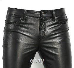Men's Genuine Black Leather Pants Casual 501 Style Trousers Biker Pants