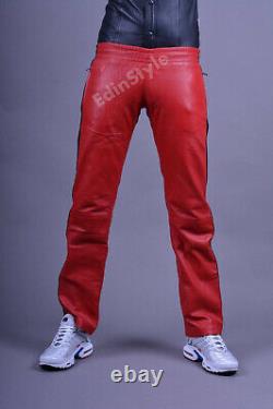Men's Genuine Cowhide Red Trousers Real Leather Black Stripes Handmade Pants