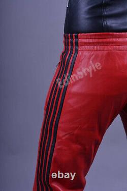 Men's Genuine Cowhide Red Trousers Real Leather Black Stripes Handmade Pants