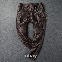 Men's Genuine Leather Pants Top Layer Cowhide Motorcycle Riding Workwear Pants