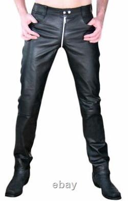 Men's Genuine Leather Zipper Biker trouser pants Bondage