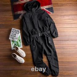 Men's Hooded Jumpsuit Long Sleeve Belt Long Trousers Rompers Leisure Overalls L